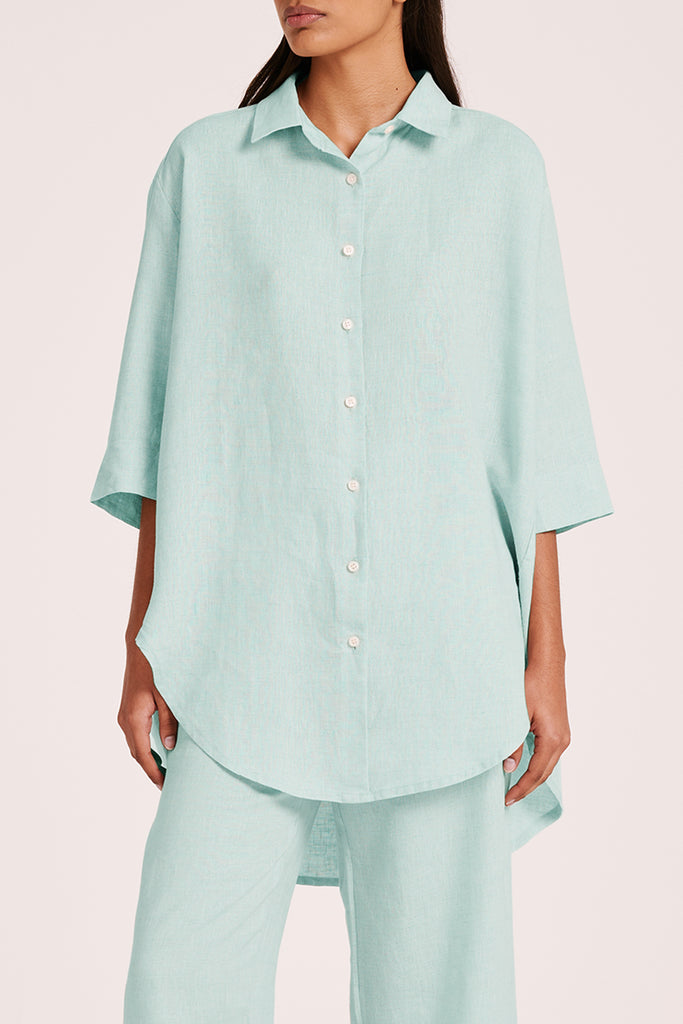 Shop Lounge Linen Longline Shirt in Aqua | Nude Lucy