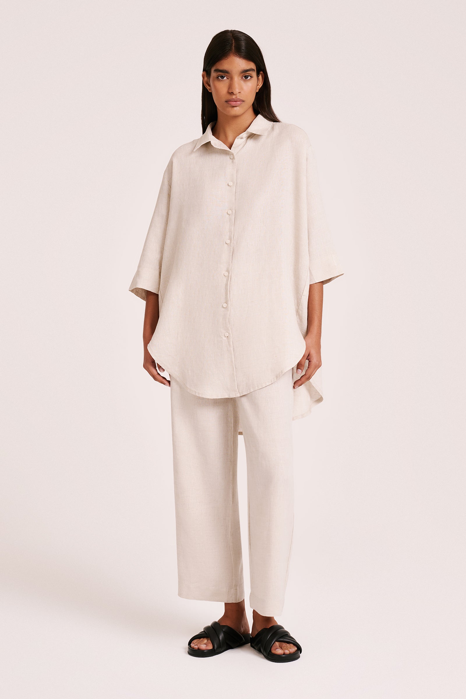 Lounge Linen Longline Shirt & Crop Pant Set 