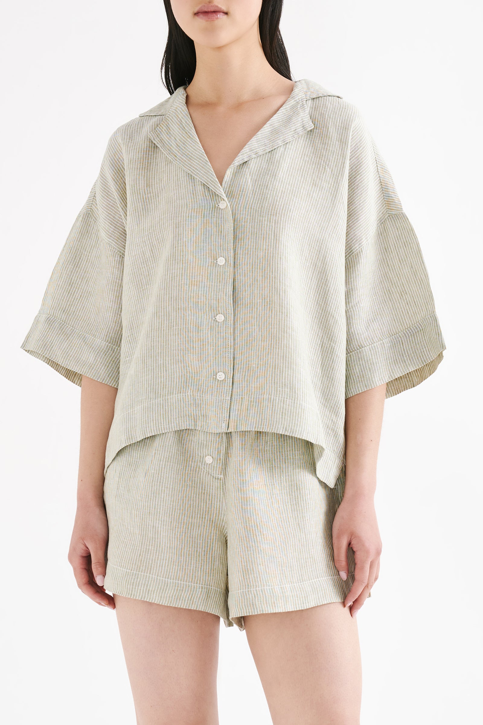 Lounge Stripe Linen Shirt Sage Stripe 