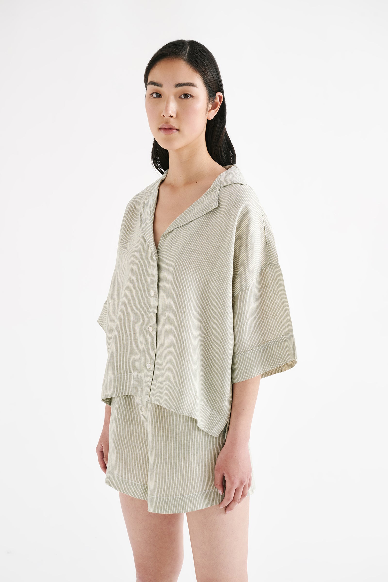 Lounge Stripe Linen Shirt Sage Stripe 