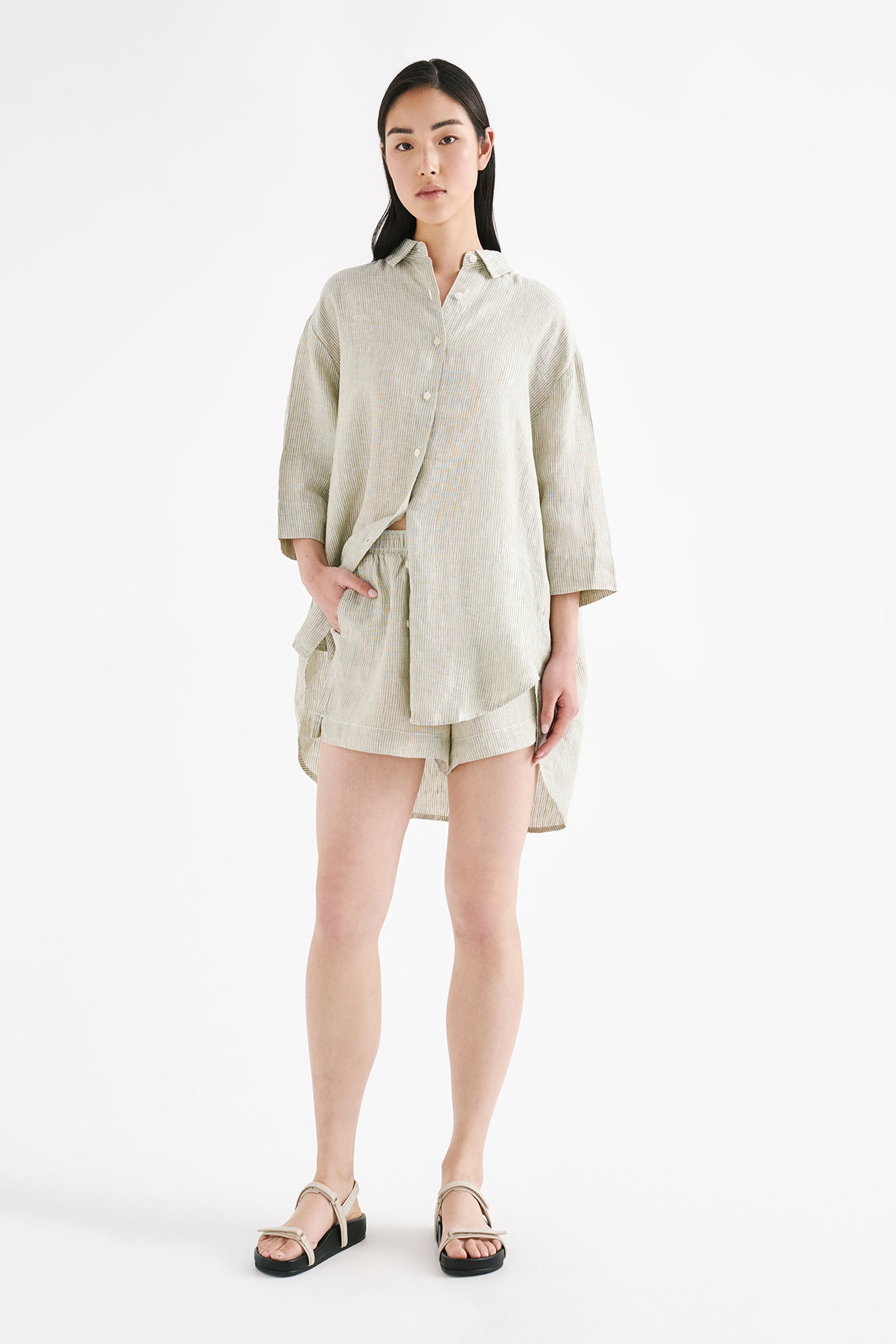 Lounge Stripe Linen Longline Shirt & Short Set 