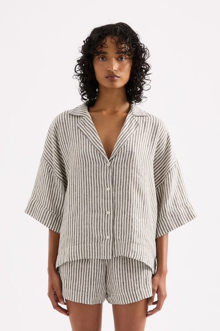 Lounge Stripe Linen Shirt Black Stripe 