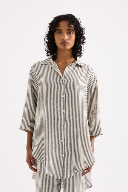 Lounge Stripe Linen Longline Shirt Black Stripe 