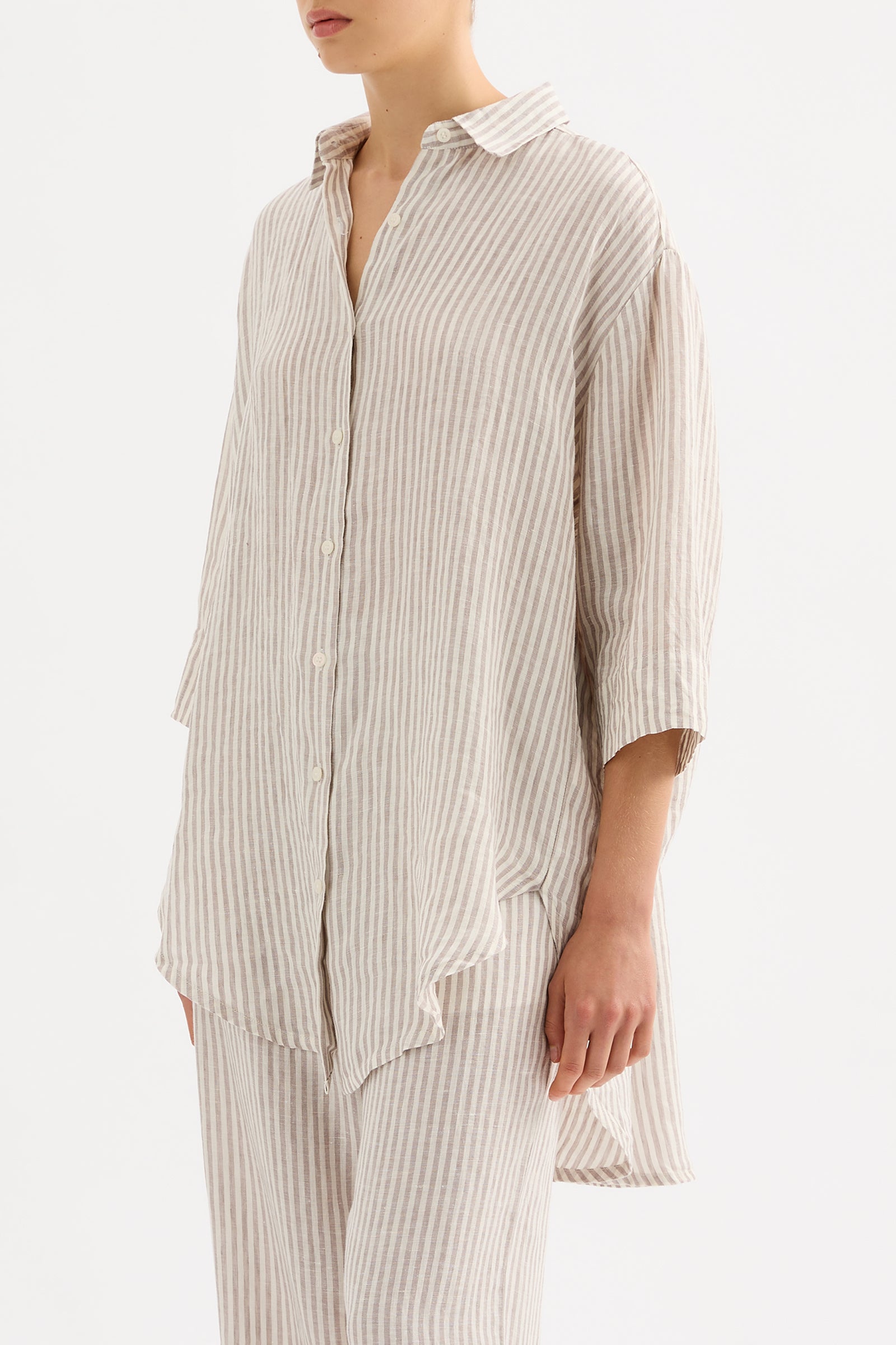 Lounge Stripe Linen Longline Shirt Silver Stripe 