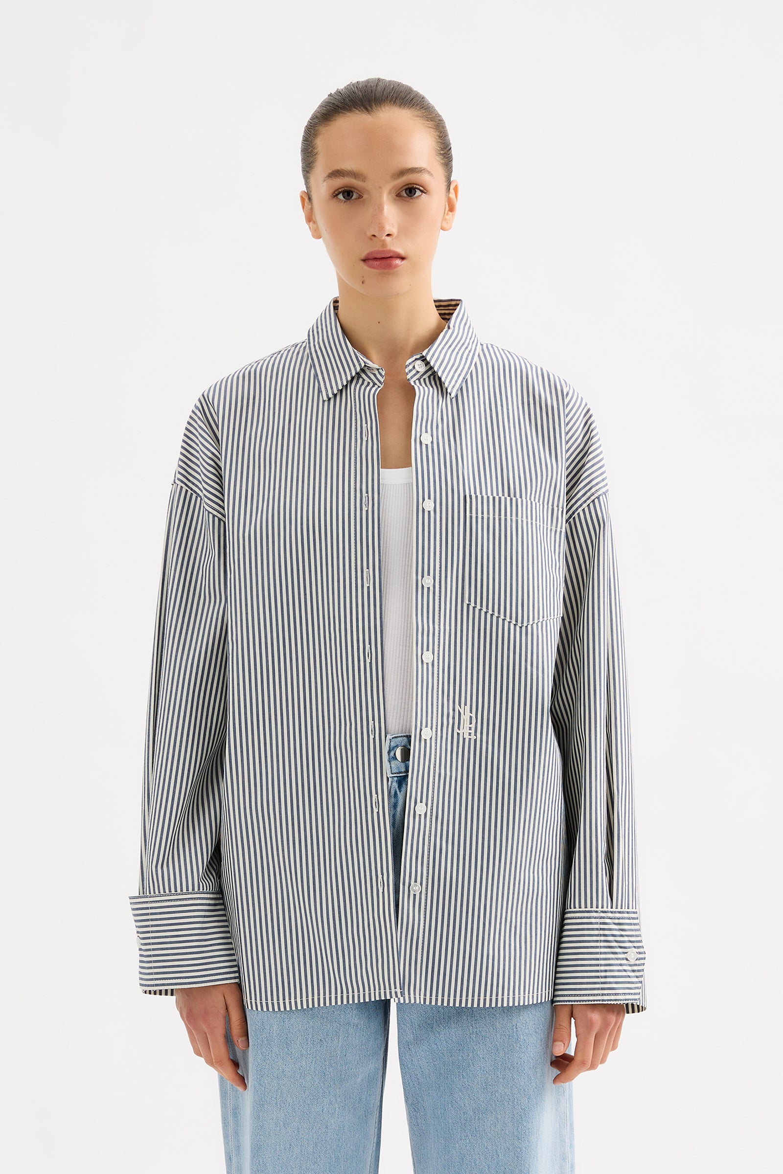 Organic Poplin Shirt Navy Stripe 