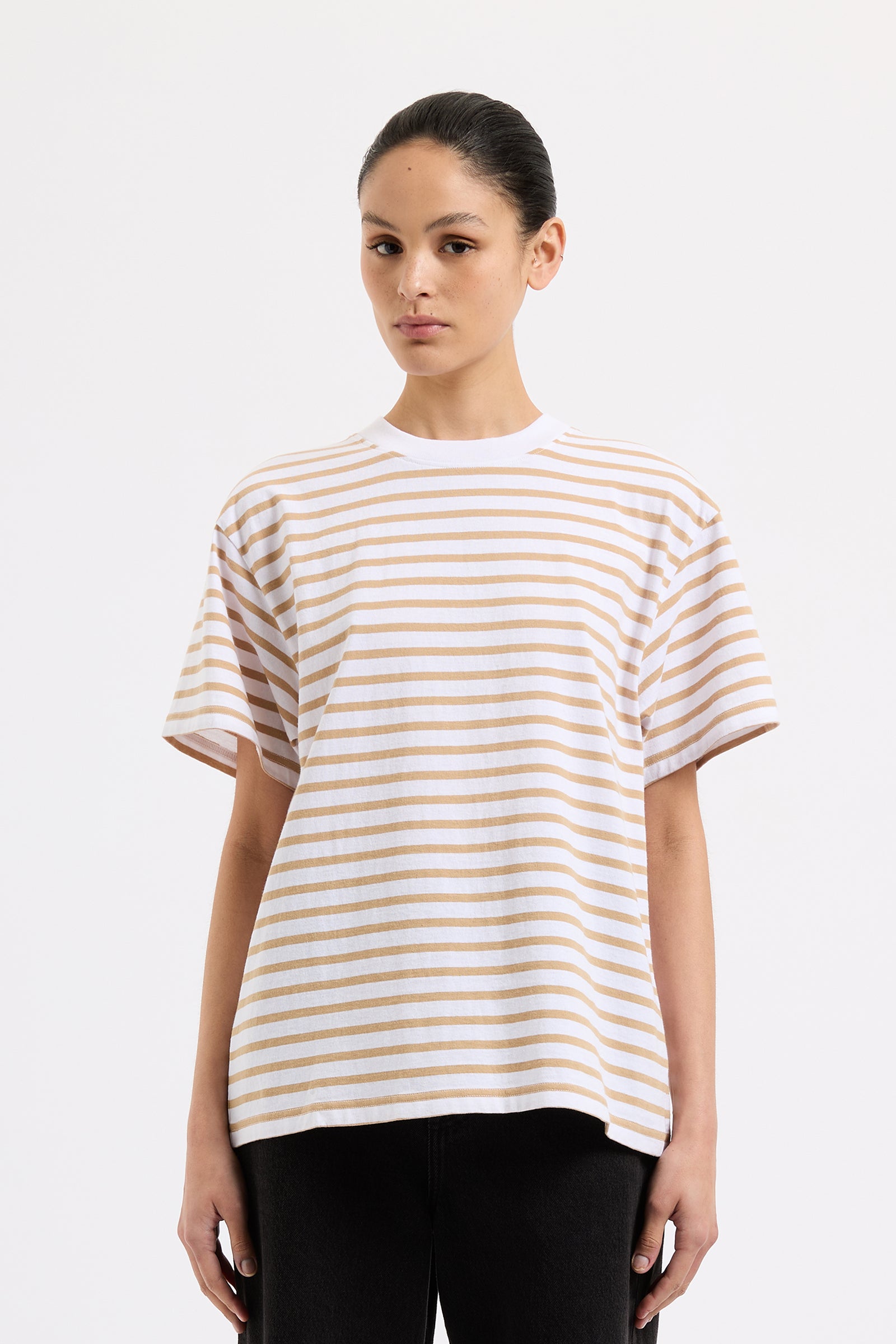 Organic Stripe Boyfriend Tee Camel Stripe 