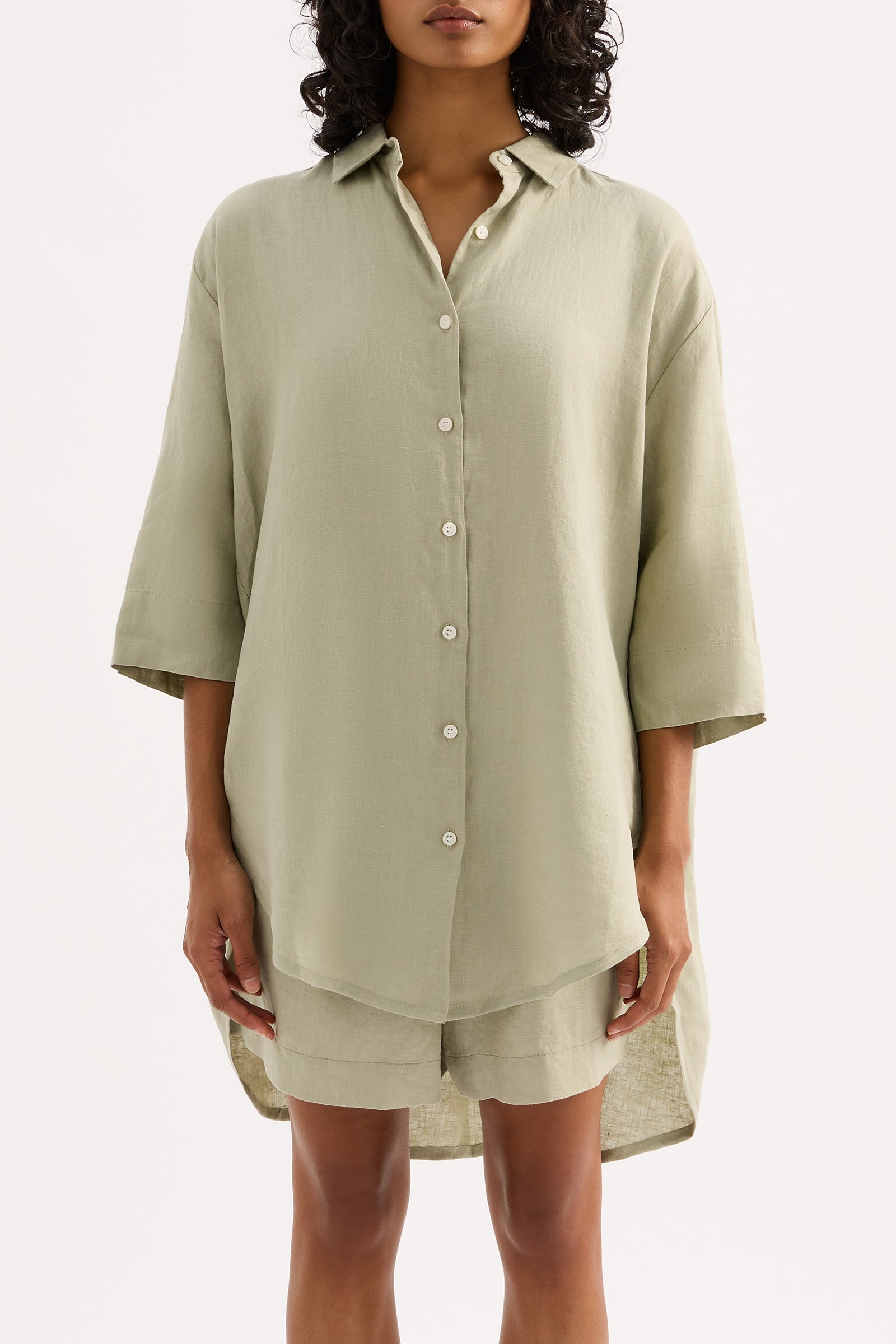 Lounge Linen Longline Shirt Olive 