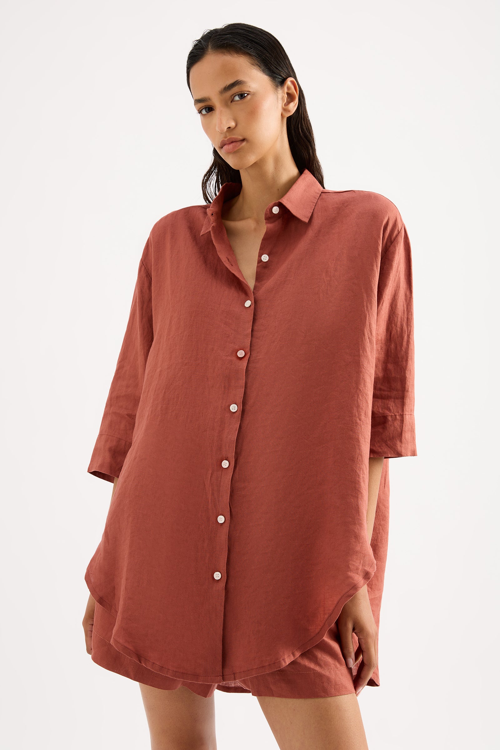 Lounge Linen Longline Shirt Rust 