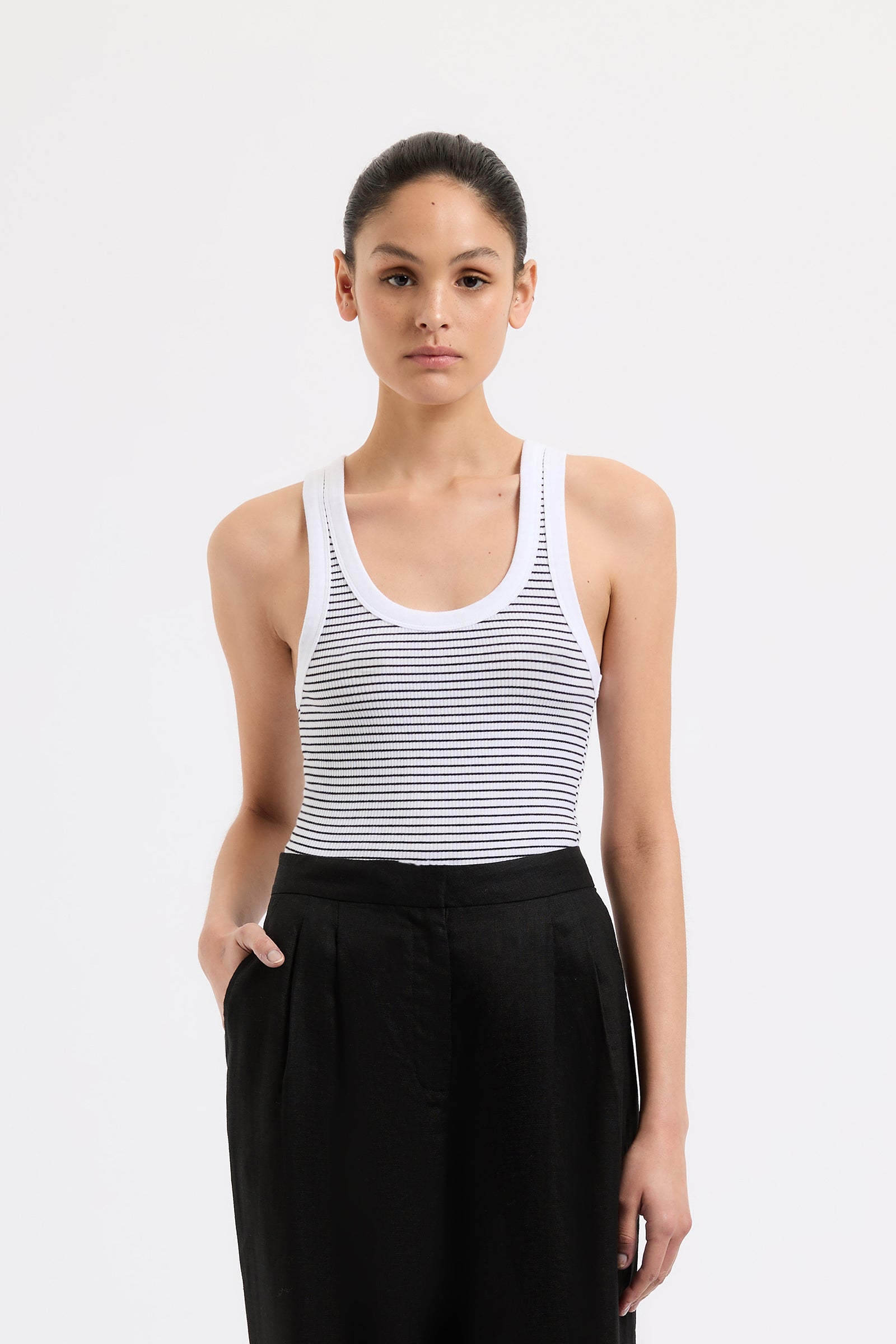 Organic Stripe Rib Singlet Black Stripe 