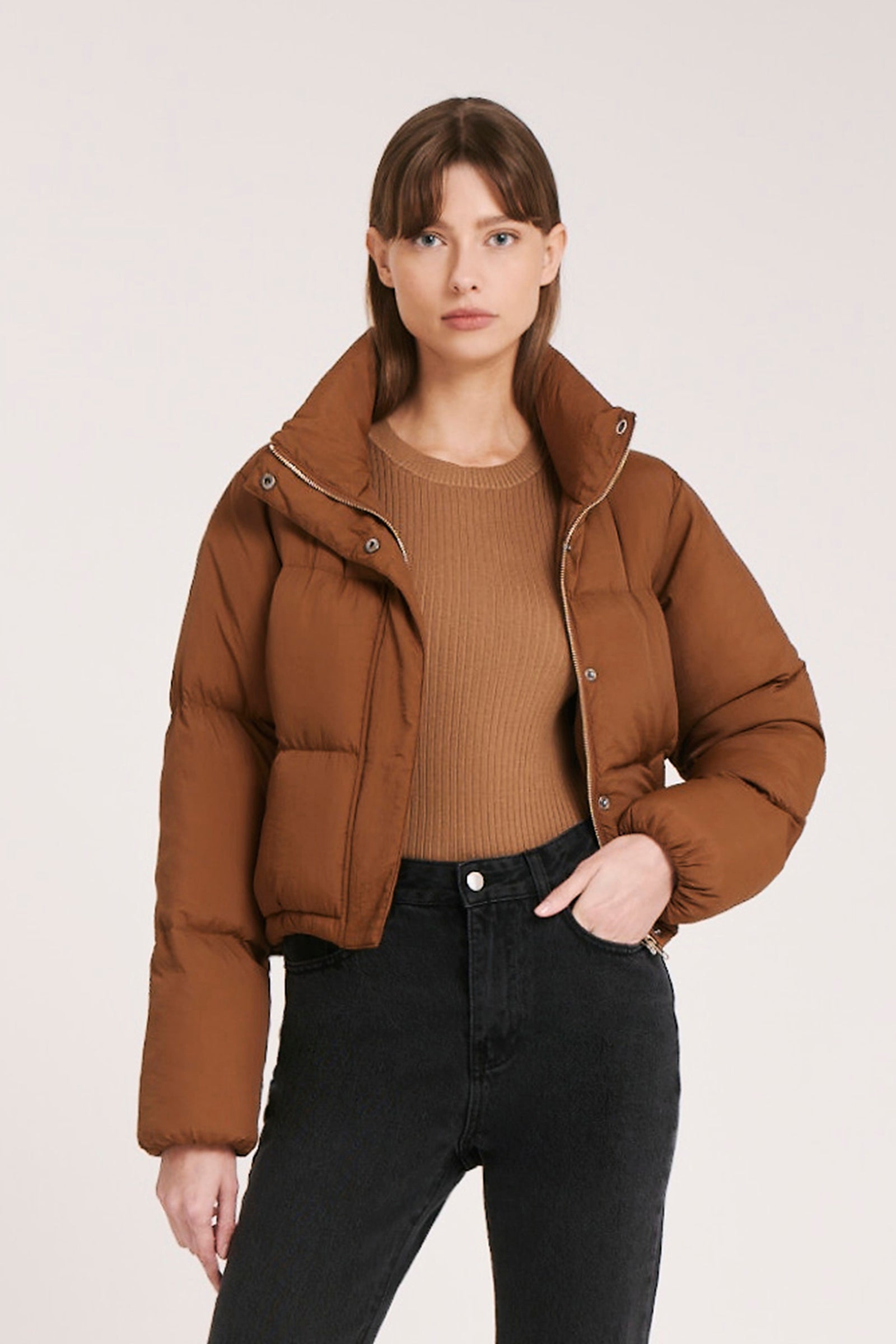 Nude puffer jacket online with hood